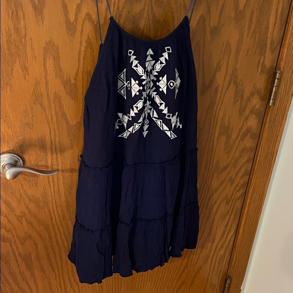 Honey Punch Navy Blue Tiered Mini Dress with White Embroidered Geometric Detail